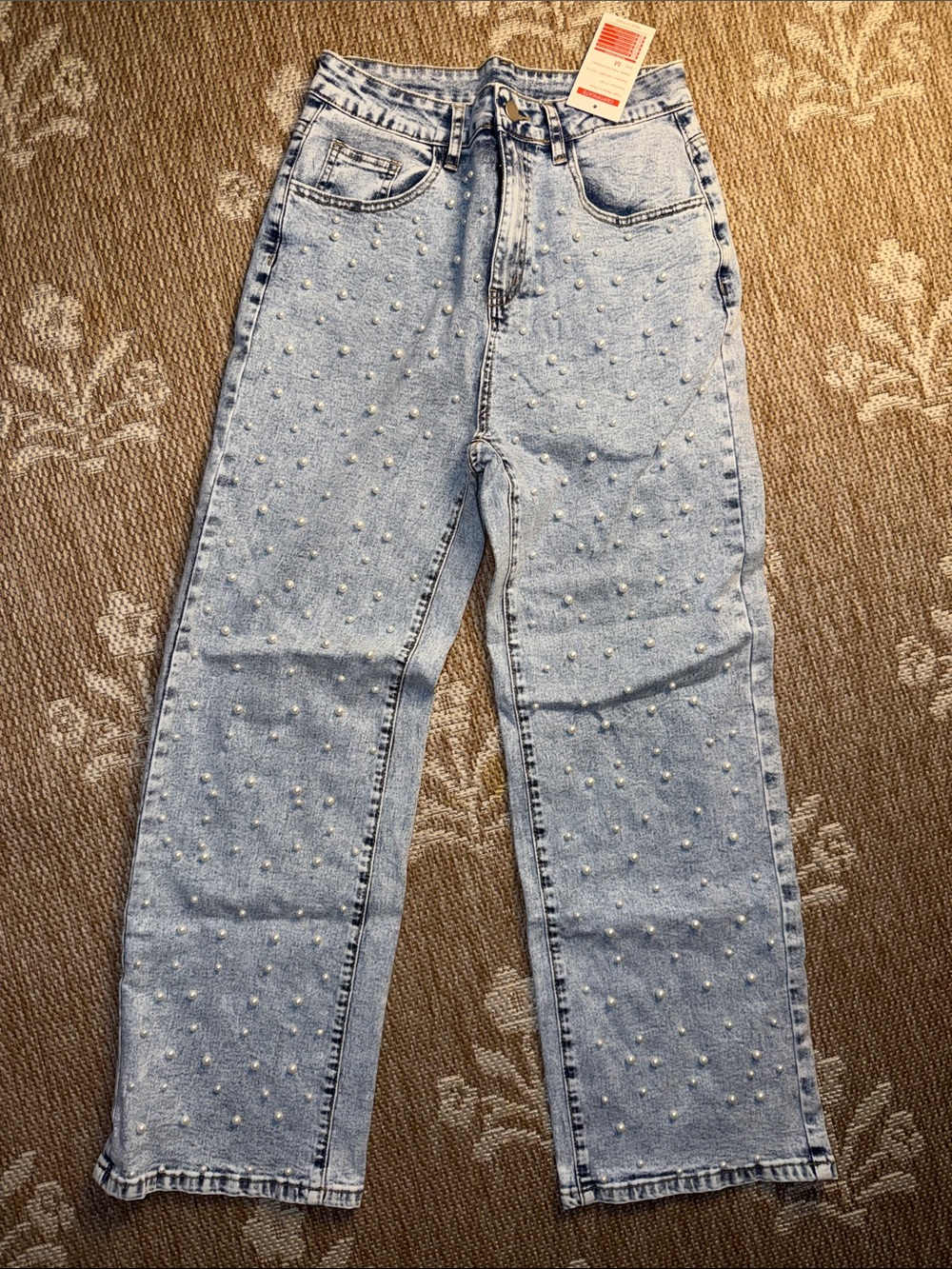 NWT New Collection Light Blue Pearl-Embellished High-Rise Women’s Jeans